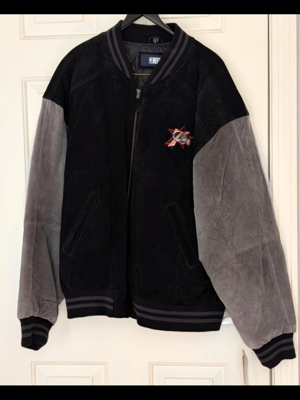 Vintage Philadelphia 76ers NBA Black and Gray Suede Bomber Jacket with Patch